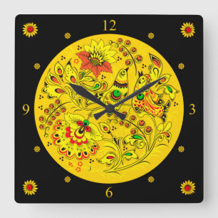 Khokhloma ~ Russian Folk Art ~ Paisley Birds ~ Square Wall Clock