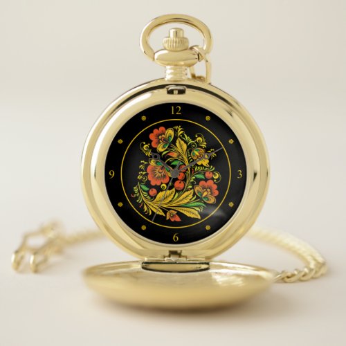 Khokhloma  Russian Folk Art  RedGold Flowers   Pocket Watch