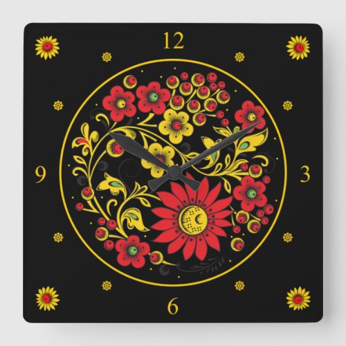 Khokhloma  Russian Folk Art  RedGold Flowers   Square Wall Clock