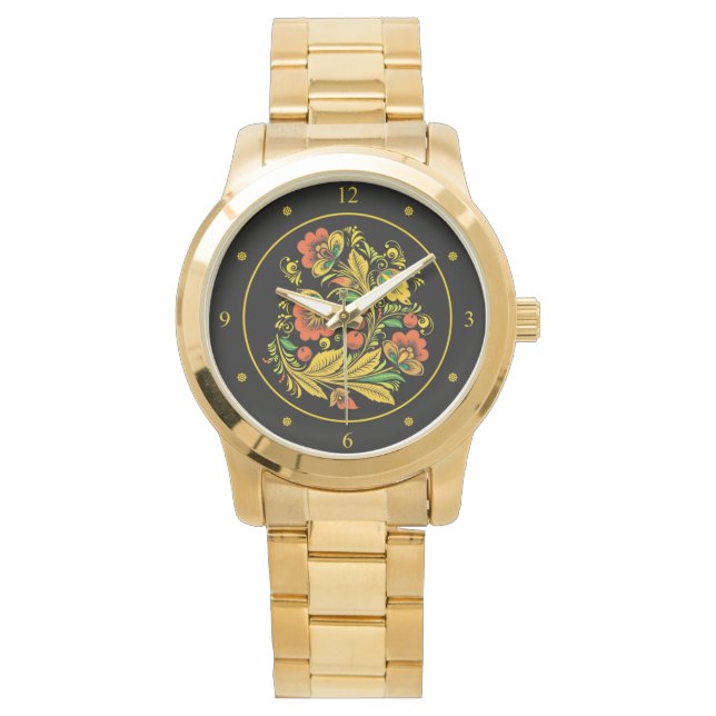 Khokhloma ~ Russian Folk Art ~ Red/Gold Flowers ~  Watch (Front)