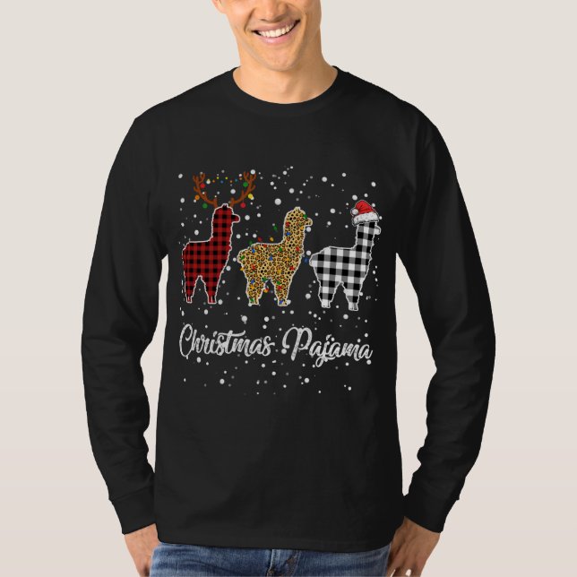 Ki Cute Llama Christmas Pajama Leopard Plaid Print T-Shirt (Front)