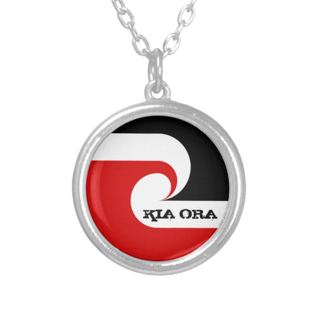 Kia Ora & Maori Flag, New Zealand /Sports, rugby Silver Plated Necklace (Front)