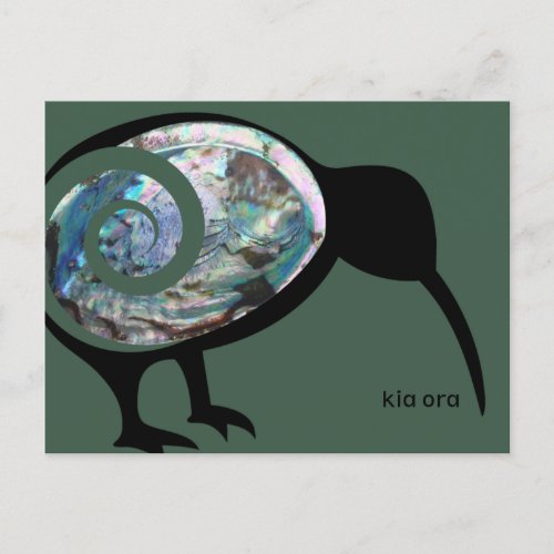 KIA ORA NZ KIWI BLACK PAUA FERN KORU NEW ZEALAND POSTCARD