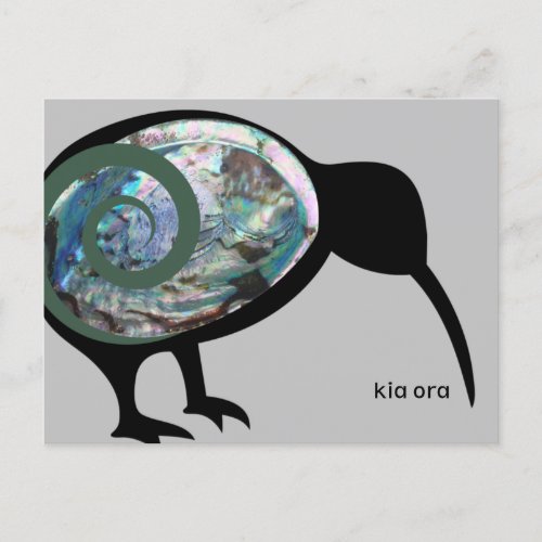 KIA ORA NZ KIWI BLACK PAUA FERN KORU NEW ZEALAND POSTCARD