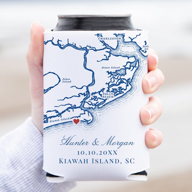 Kiawah Island Map Elegant Navy Blue Wedding Favor Can Cooler (Kiawah Island SC Map Can Coozie Wedding Favors for an Elegant Navy Blue from Coastal Map Designs)