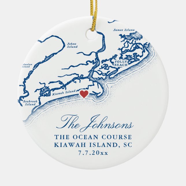 Kiawah Island Map Wedding Photo Christmas Ceramic Ornament (Front)