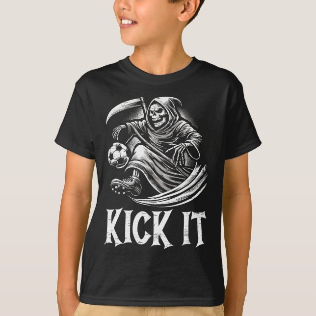 Kick It Grim Reaper Playing Soccer  T-Shirt (Front)