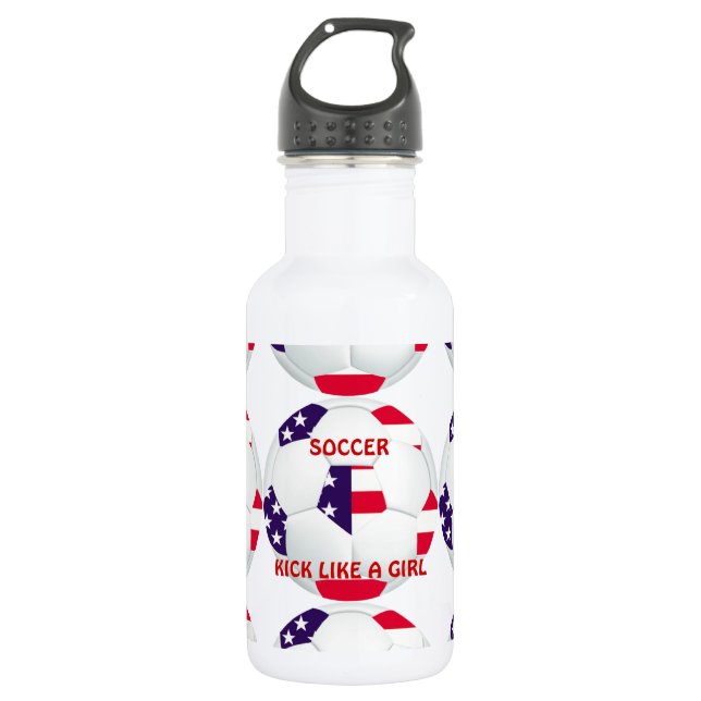 KICK LIKE A GIRL ~ American Flag Themed Soccer Water Bottle (Front)