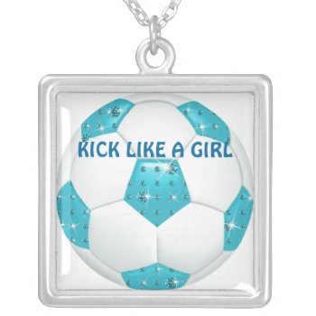Kick Like A Girl ~ Diamond Gemstones Aqua Soccer B Silver Plated Necklace by KitzmanDesignStudio at Zazzle