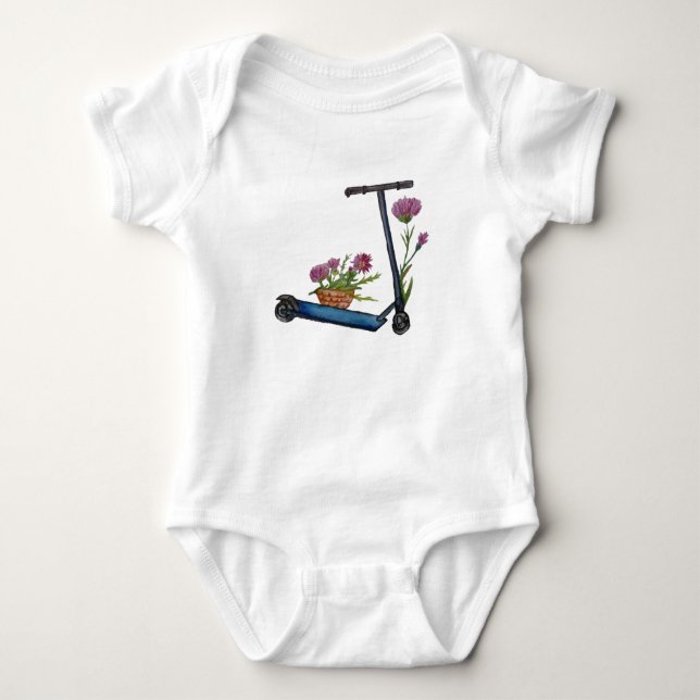Kick Scooter, Flowers Watercolor Art Baby Bodysuit (Front)