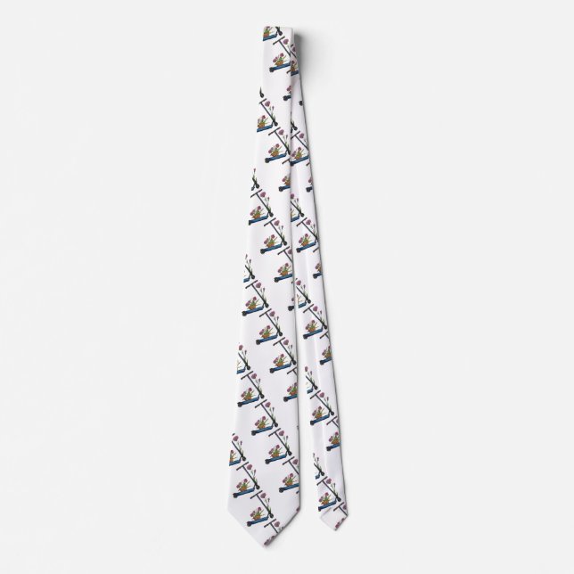 Kick Scooter & Flowers Watercolor Art Neck Tie (Front)