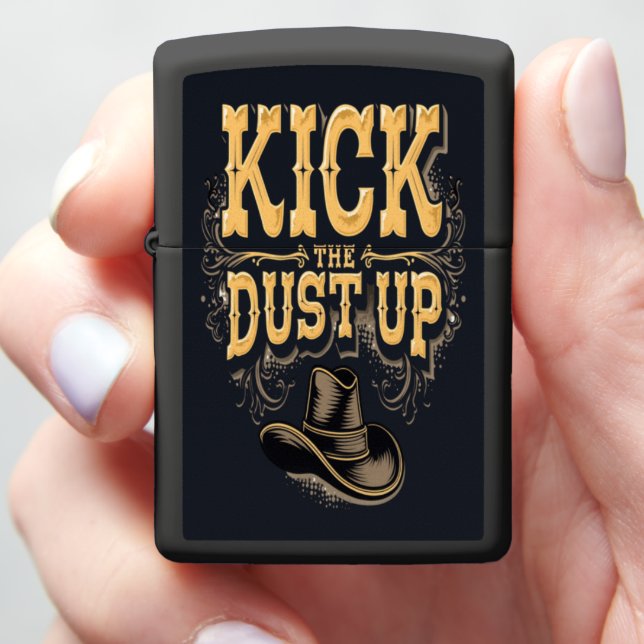 Kick the Dust Up Text and Cowboy Hat Zippo Lighter (In Hand)