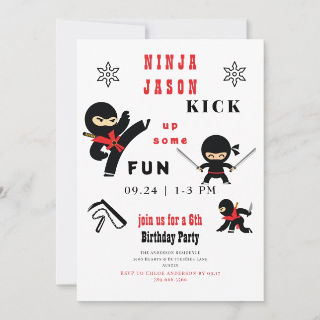 Kick up Some Fun Ninja Red & Black Birthday Party Invitation (Front)