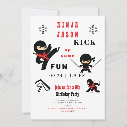 Kick up Some Fun Ninja Red  Black Birthday Party Invitation