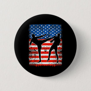 Kickboxing Fighters On American Flag Patriotic Button