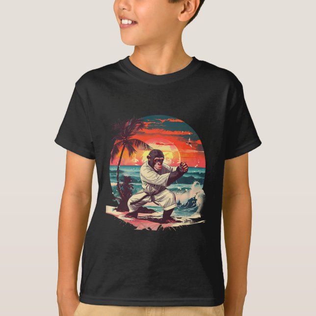 Kickboxing Monkey Tropical Sunset Taekwondo Monkey T-Shirt (Front)