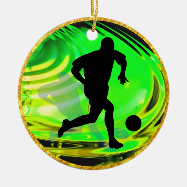 Kicking Balls in Green and Gold Ceramic Ornament (Front)