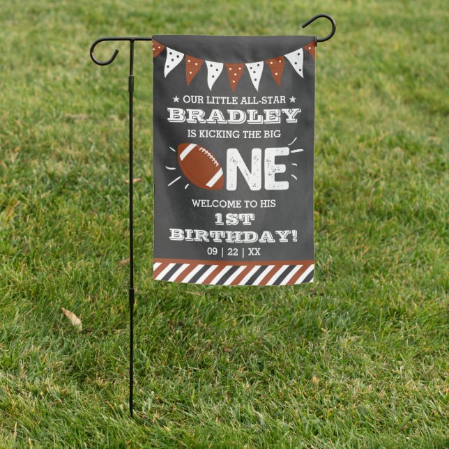 Kicking The Big One | Football 1st Birthday Garden Flag (In SItu)