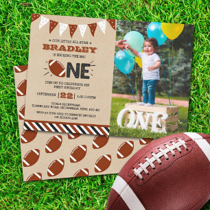 Kicking The Big One   Football 1st Birthday Photo Invitation