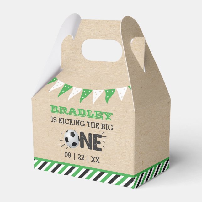 Kicking The Big One | Soccer 1st Birthday Favor Boxes (Front Side)