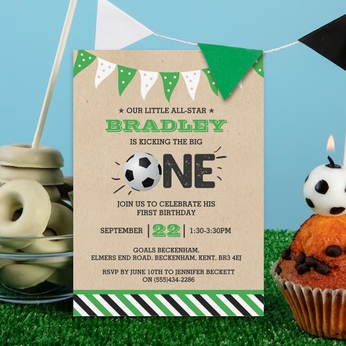 Kicking The Big One  Soccer 1st Birthday Invitation