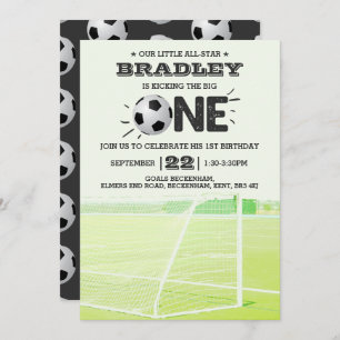 Kicking The Big One   Soccer 1st Birthday Invitation