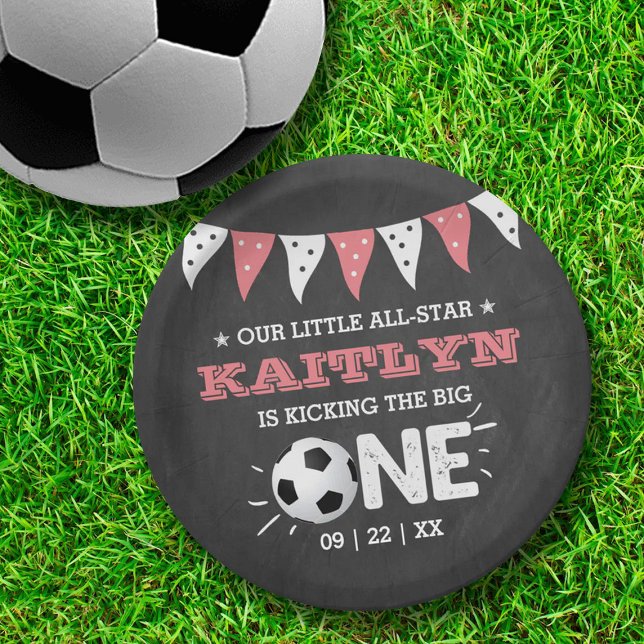 Kicking The Big One | Soccer 1st Birthday Paper Plates (Creator Uploaded)