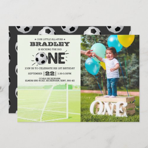 Kicking The Big One  Soccer 1st Birthday Photo Invitation