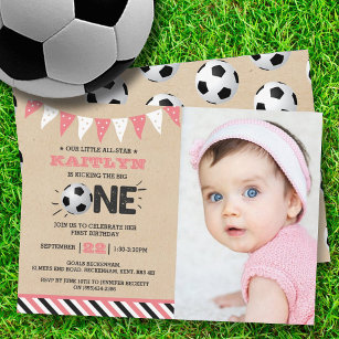 Kicking The Big One   Soccer 1st Birthday Photo Invitation