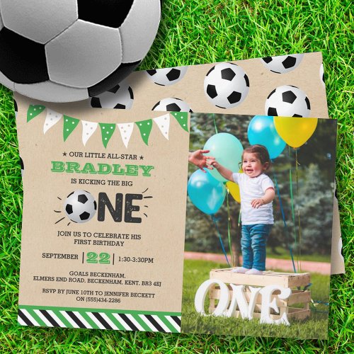 Kicking The Big One  Soccer 1st Birthday Photo Invitation