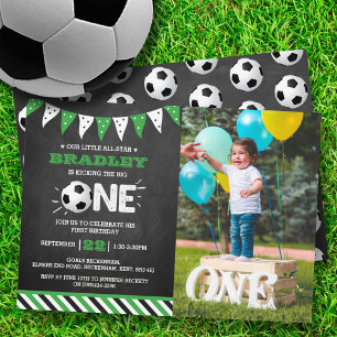 Kicking The Big One   Soccer 1st Birthday Photo Invitation