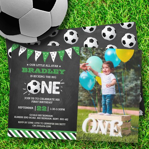 Kicking The Big One  Soccer 1st Birthday Photo Invitation