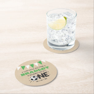Kicking The Big One Soccer 1st Birthday Round Paper Coaster