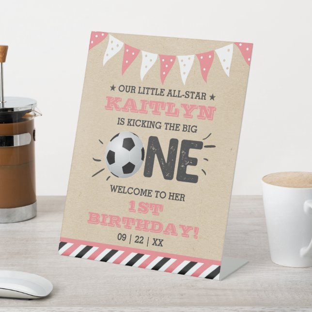 Kicking The Big One | Soccer 1st Birthday Welcome Pedestal Sign (In SItu)