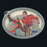 Kickoff Belt Buckle<br><div class="desc">Artist: E. M. Jackson | A football player punting ball, circle of pennants behind</div>