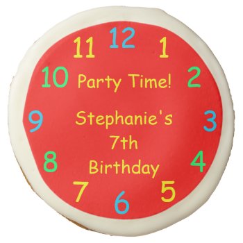 Kid 7th Birthday Party Red Clock Name  Party Favor Sugar Cookie by SocolikCardShop at Zazzle