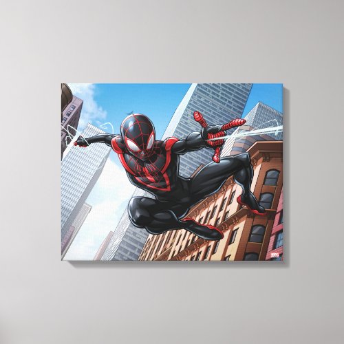 Kid Arachnid Web Slinging Through City Canvas Print