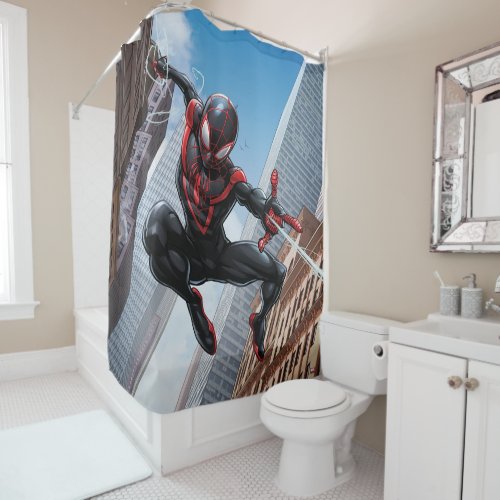 Kid Arachnid Web Slinging Through City Shower Curtain