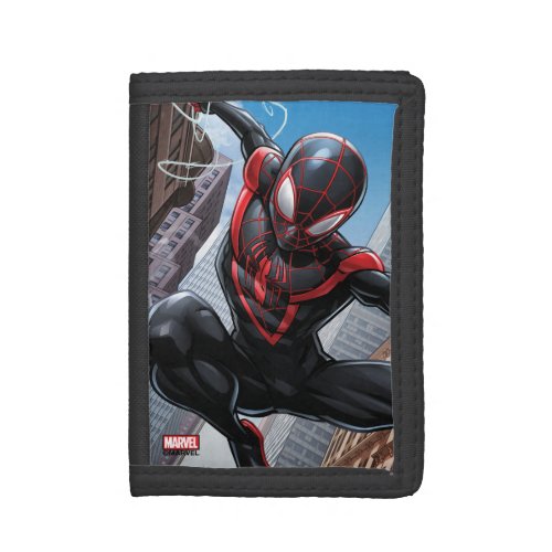 Kid Arachnid Web Slinging Through City Trifold Wallet