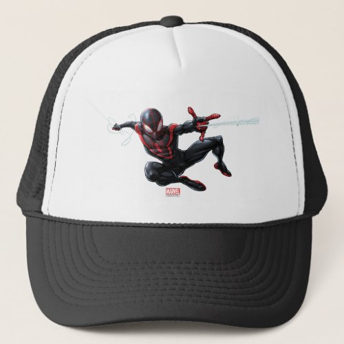 Kid Arachnid Web Slinging Through City Trucker Hat