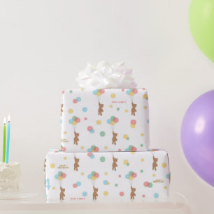 Kid Birthday Balloons Teddy Bear Age Happy Name Wrapping Paper