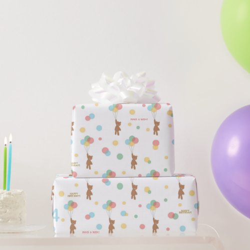 Kid Birthday Balloons Teddy Bear Age Happy Name  Wrapping Paper