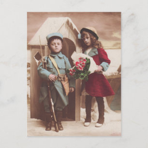 Kid Boy Soldier and Little Girl Vintage Postcard