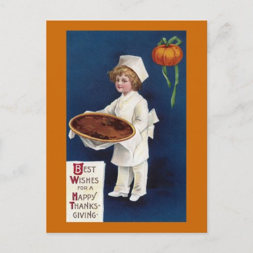 Kid Chef with Pumpkin Pie Vintage Thanksgiving Holiday Postcard