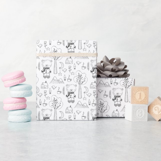 Kid Christmas Black & White Winter Teddy Bears Wrapping Paper (Baby Shower)