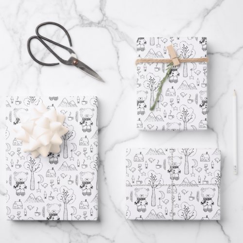 Kid Christmas Black  White Winter Teddy Bears Wrapping Paper Sheets
