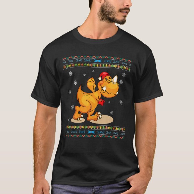 Kid Dinosaur Ugly Christmas Santa Trex Tree Rex Bo T-Shirt (Front)