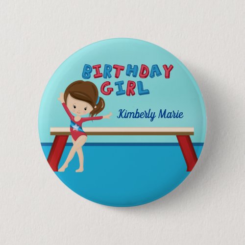 Kid Gymnastics Blue Monogram Birthday Girl Party Button