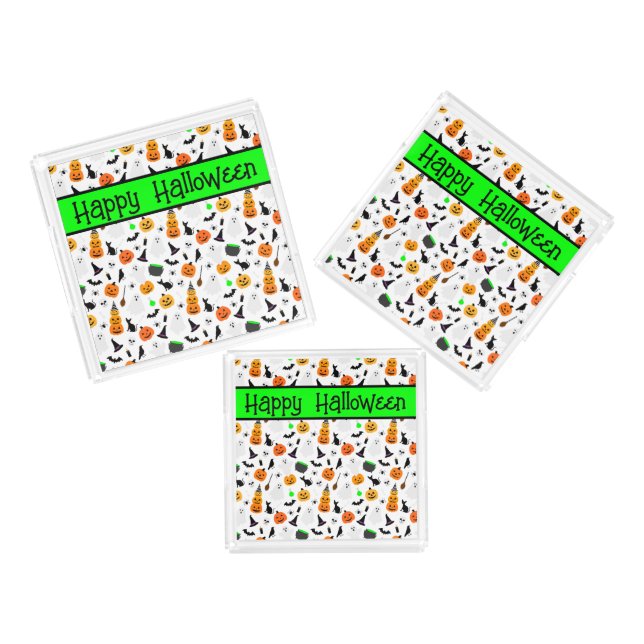 Kid Halloween Ghost Pumpkin Black Cat Personalize  Acrylic Tray (Set)