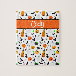 Kid Halloween Ghost Pumpkin Black Cat Personalize Jigsaw Puzzle